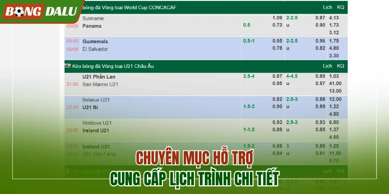 Chuyên mục hỗ trợ cung cấp lịch trình chi tiết từng trận đấu