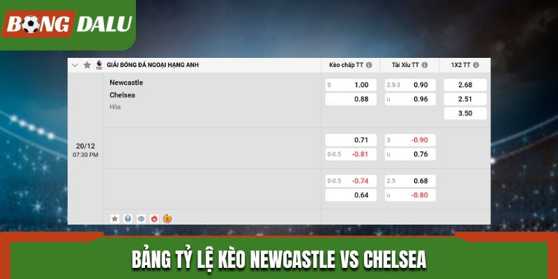 Soi kèo Newcastle vs Chelsea - bảng tỷ lệ kèo
